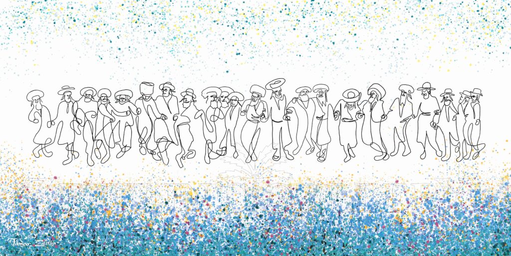ציור חסידים רוקדים ביחד בגווני כחול תכלת